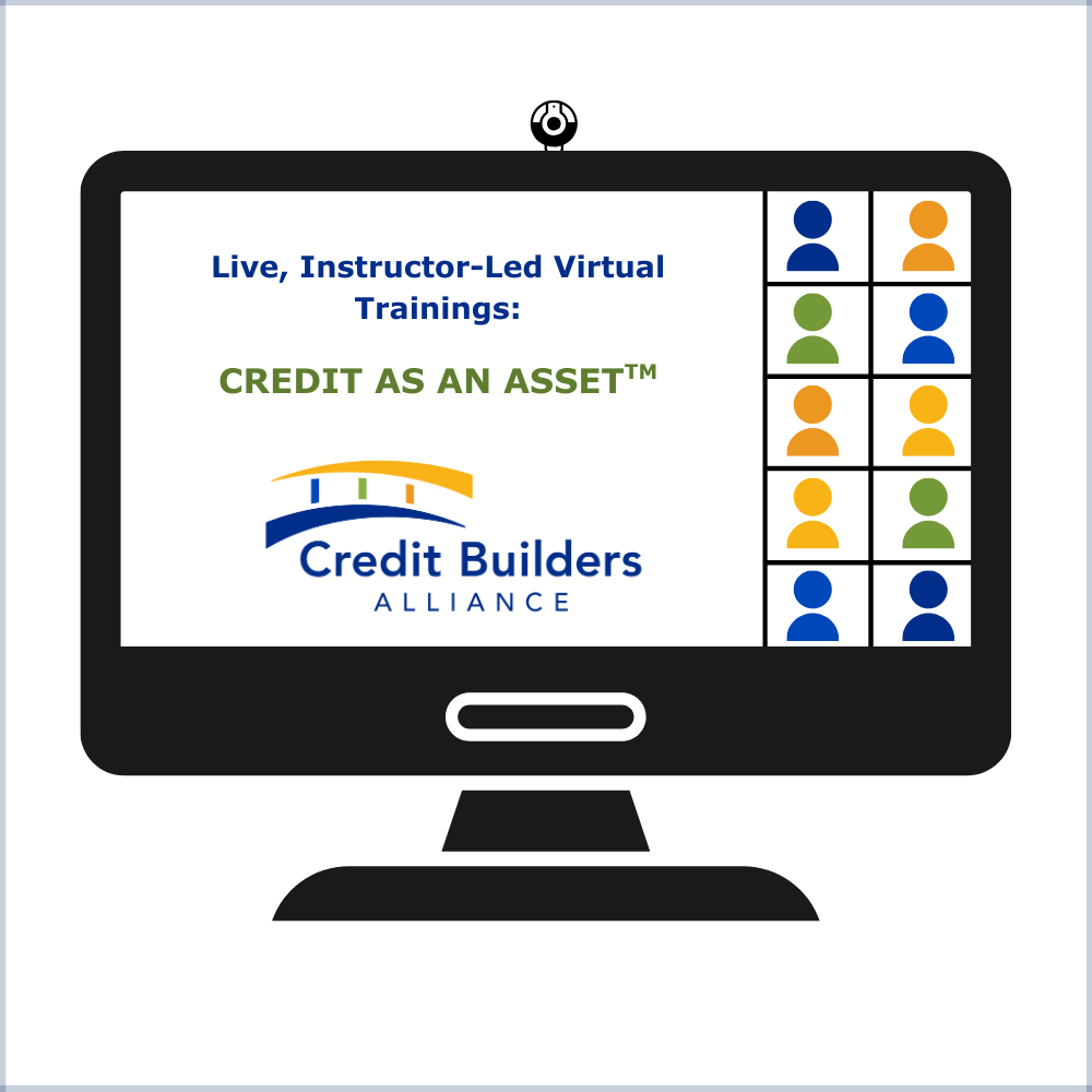 CREDIT AS AN ASSET in bright orange text with Live Training listed below a line in green text. A computer with four people in individual meeting windows sits next to it.